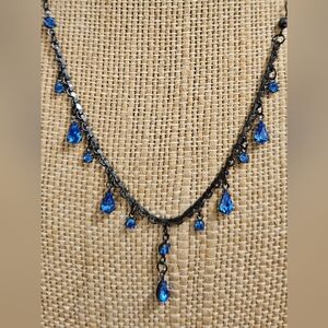 Vintage BELLAGIO USA Blue Crystal Necklace Dainty 16” Gunmetal Silver Teardrop